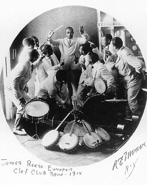 JAZZ BAND, 1914. James Reese Europe and his Clef Club Band of New York City: photographed by R. E. Mercer, 1914