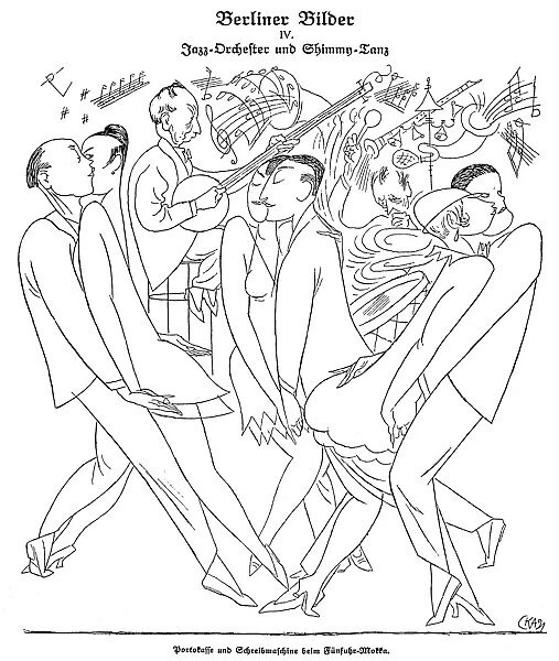 Jazz Band and Shimmy. Office workers at a five o clock dance. Pen-and-ink drawing, 1921, by Karl Arnold