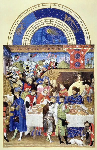 Jean, Duke of Berry, exchanging gifts and feasting with his family and friends in January. Illumination from the 15th century manuscript of the Tres Riches Heures of Jean, Duke of Berry