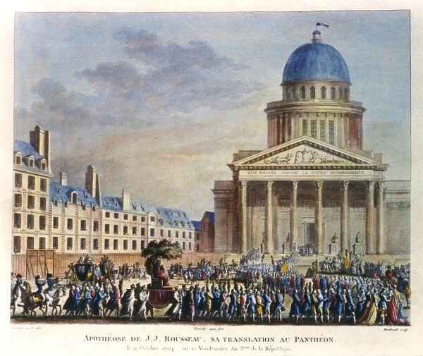 JEAN-JACQUES ROUSSEAU (1721-1778). The ashes of Rousseau are brought to be interred at the Pantheon in Paris, 1794. Contemporary engraving