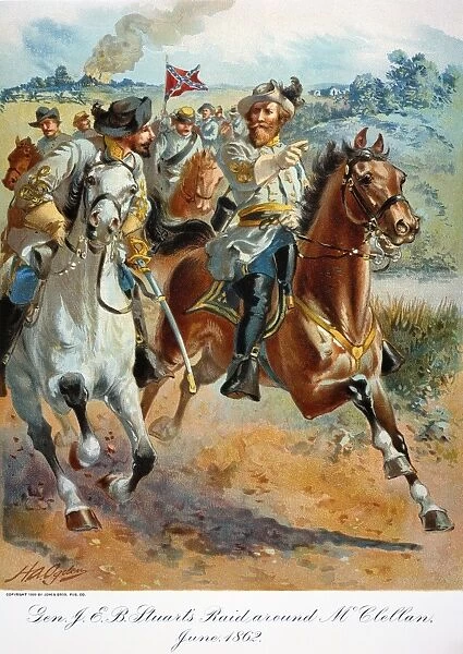 JEB STUARTs CAVALRY 1862. James Ewell Brown Jeb Stuarts raid around McClellan, June 1862. Lithograph after H. A. Ogden