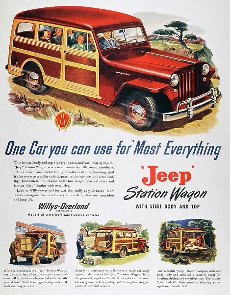 JEEP STATION WAGON, 1947. Willys-Overland Jeep Station Wagon advertisement from an American magazine, 1947