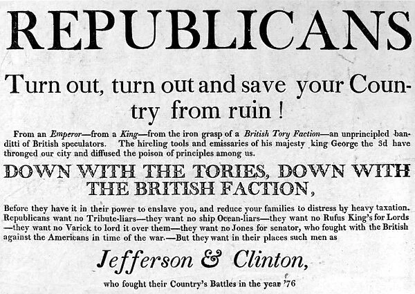 JEFFERSON CAMPAIGN, 1804. Republican campaign poster, 1804, encouraging the election of President Thomas Jefferson and Vice-President George Clinton