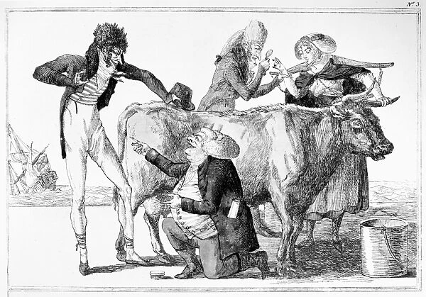 JENNER: VACCINATION, 1796. The Origin of Vaccination. French cartoon version of Edward Jenners development of the first vaccine against smallpox, late 1790s