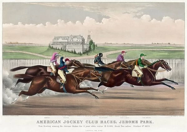 JEROME PARK HORSE RACE, 1873. American Jockey Club race at Jerome Park, New York City, with jockey Tom Bowling winning the two mile race for three year olds, 4 October 1873. Lithograph by Currier and Ives