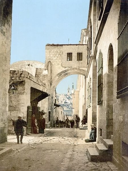 JERUSALEM: VIA DOLOROSA. View of the Via Dolorosa and the Ecce Homo arch in the Muslim quarter of the Old City of Jerusalem. Photochrome, c1900