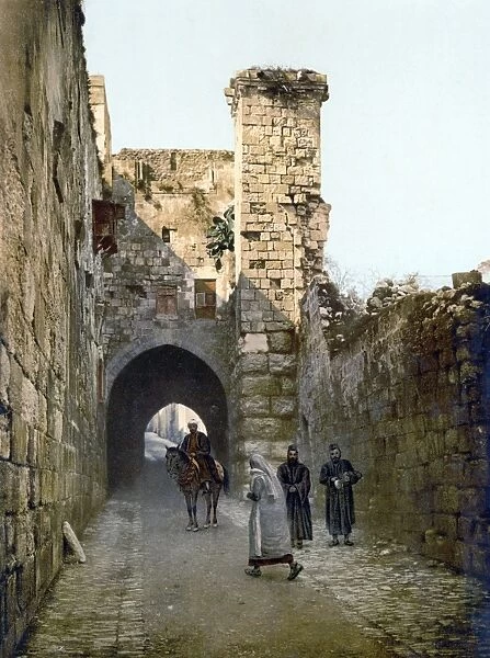 JERUSALEM: VIA DOLOROSA. View of the Via Dolorosa and the remains of the Antonia fortress in the Old City of Jerusalem. Photochrome, c1900