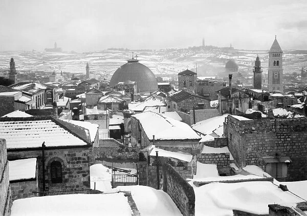 JERUSALEM: WINTER. Birds-eye view of Jerusalem and the Mount of Olives during a snowy winter