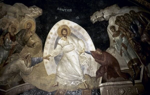 JESUS WITH ADAM AND EVE. 14th century Byzantine fresco of Christ dragging Adam