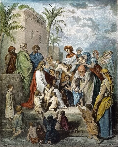 Jesus blessing the little children (Mark 10: 14). Color engraving after Gustave Dor