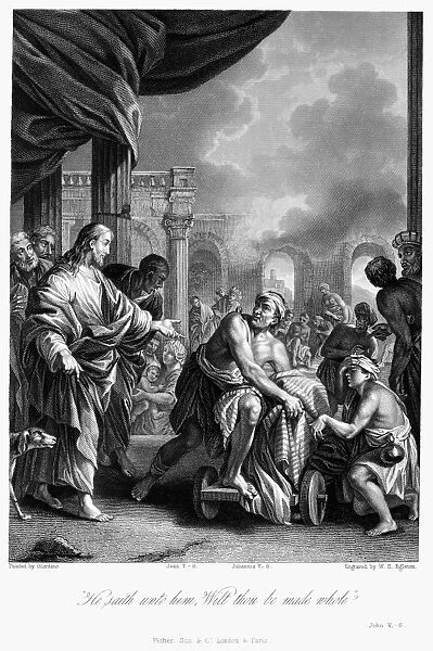 JESUS HEALING. The Impotent Man Healed. Steel engraving after the painting by Luca Giordano