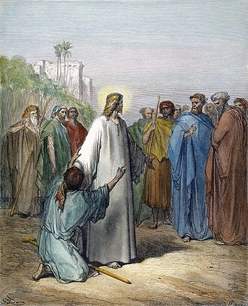 Jesus healing the man possessed with a devil (Luke 4: 36). Color engraving after Gustave Dor