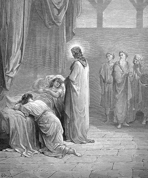 JESUS & JAIRUS DAUGHTER. Jesus raising up the daughter of Jairus (Luke 8: 54). Wood engraving after Gustave Dor