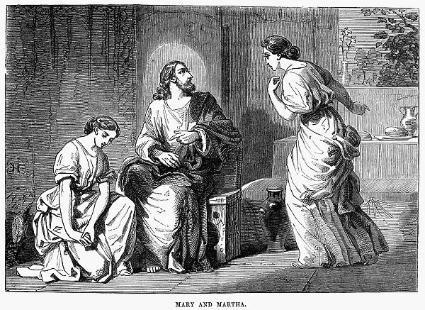 JESUS WITH MARY & MARTHA. Jesus with the sisters Mary, at his feet, and Martha (Luke 10: 38-42). Wood engraving, 19th century