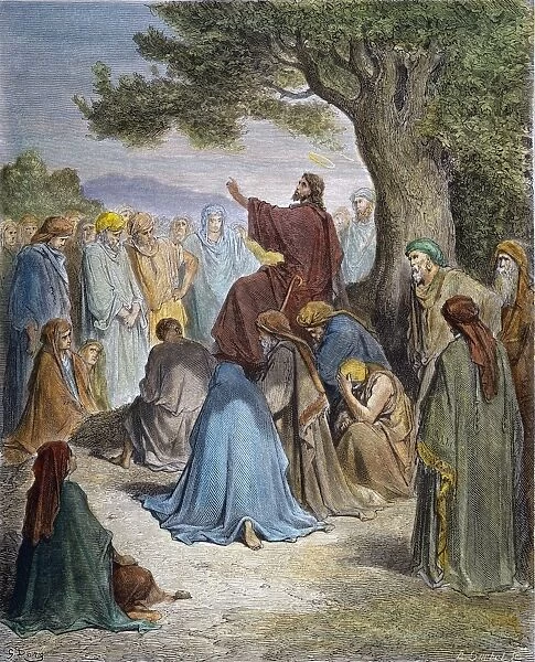 Jesus Preaching to the Multitude (Luke 12: 23, 31). Wood engraving after Gustave Dor