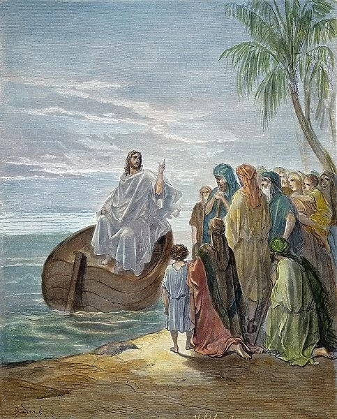 Jesus Preaching at the Sea of Galilee (Luke 5: 1, 3). Wood engraving after Gustave Dor