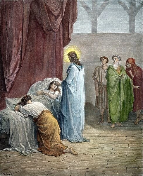 Jesus raising up the daughter of Jairus (Luke 8: 54). Wood engraving after Gustave Dor