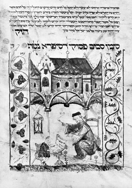 JEWISH TEACHER, 1395. Hebrew manuscript showing a teacher and pupil, written