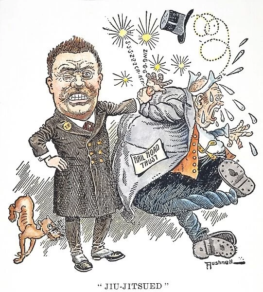 Jiu-Jitsued : American cartoon, c1906, showing President Theodore Roosevelt disabling the railroad trust with a jujitsu hold