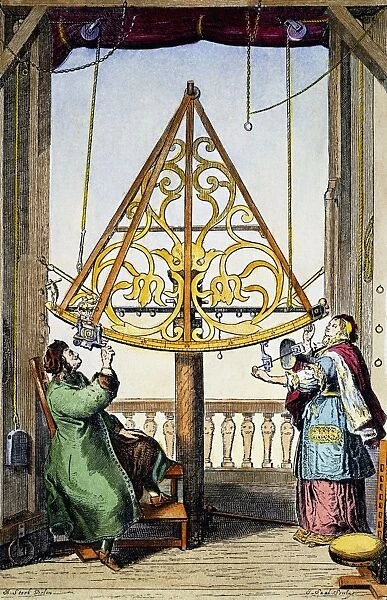 JOHANNES HEVELIUS (1611-1687). Polish astronomer. Hevelius and his wife, Elisabeth, observing the heavens. Copper engraving from Hevelius Machina coelestis, 1673