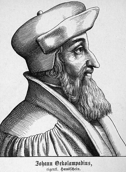 JOHANNES OECOLAMPADIUS (1482-1531). Johannes Huszgen, known as Oecolampadius. German humanist, preacher, and religious reformer. Line engraving, German, 19th century