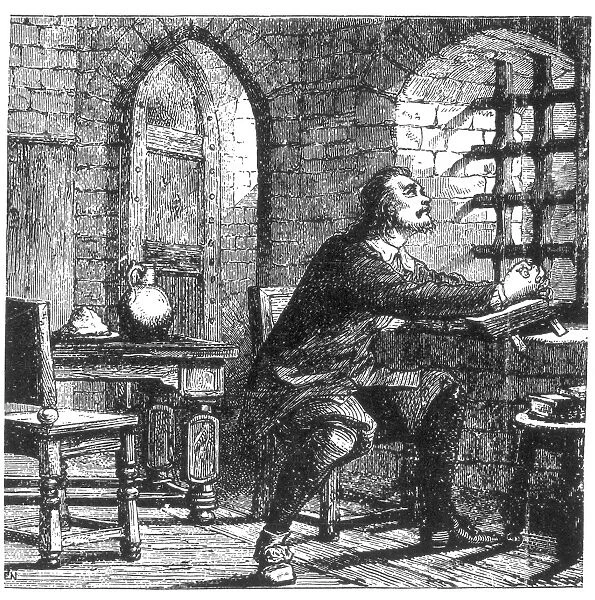 JOHN BUNYAN (1628-1688). English preacher and writer. In an English prison for preaching without a license. Wood engraving, 19th century