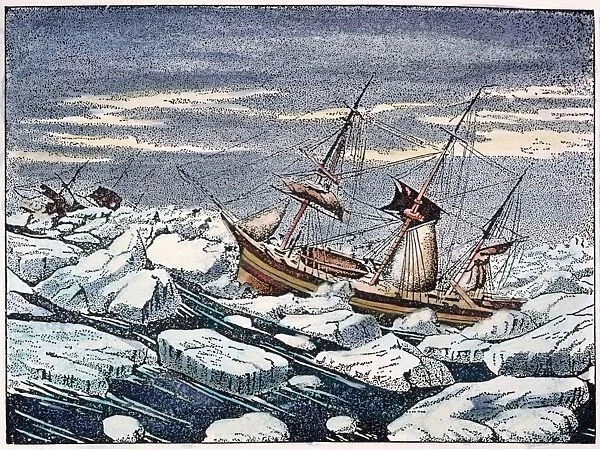 JOHN FRANKLINs EXPEDITION. H. M. S. Erebus and H. M. S. Terror of Sir John Franklins ill-fated Arctic expedition (1845-47) weathering a gale in an ice pack. Contemporary engraving