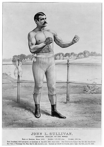 JOHN L. SULLIVAN (1858-1918). American heavyweight pugilist. Lithograph by Currier and Ives, 1883