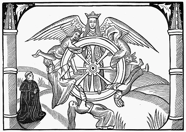 JOHN LYDGATE (c1370-c1451). English poet. Lydgate contemplating the Wheel of Fortune. Woodcut from a 1513 edition of his work The Fall of Princes