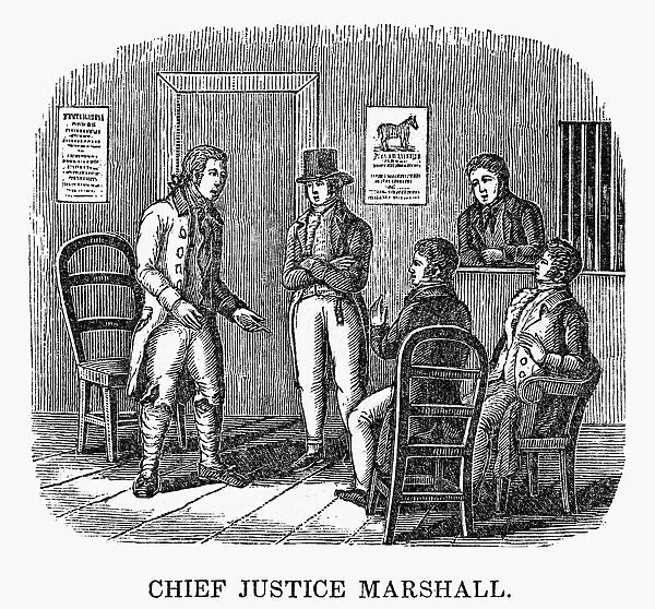 JOHN MARSHALL (1755-1835). Chief Justice of the United States Supreme Court, 1801-1835. Marshall (left) at a tavern in Virigina, c1820, presenting his views on Christianity in response to a question from a group of young lawyers, who do not recognize him. Wood engraving, American, c1850