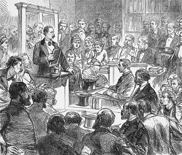 John Nevil Maskelyne. English magician. Maskelyne testifying for the prosecution at Bow Street police court, London, England, during the trial of medium Henry Slade in 1876 and demonstrating how Slade could have produced messages on slates by trickery
