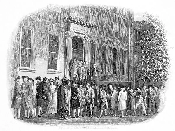 John Nixon announces the Declaration of Independence at the State House, Philadelphia, Pennsylvania, on 8 July 1776. Thomas Jefferson leans against the right pillar of the door with Benjamin Franklin to his left. Steel engraving, American, 19th century