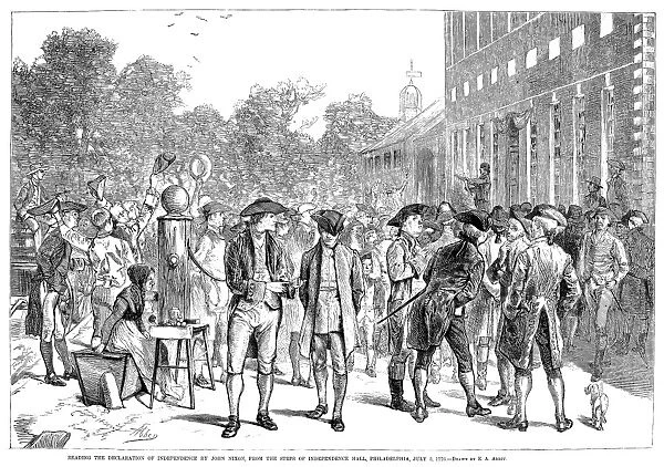 John Nixon giving the first public reading of the Declaration of Indpendence from the steps of Independence Hall in Philadelphia, Pennsylvania, 8 July 1776. Line engraving after a drawing by Edwin Austin Abbey, 1876