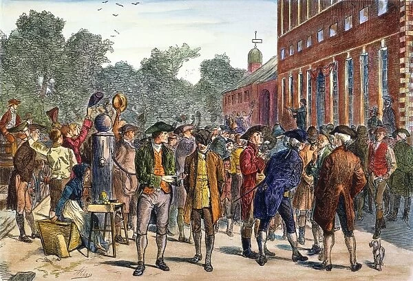 John Nixon giving the first public reading of the Declaration of Independence from the steps of Independence Hall in Philadelphia, Pennsylvania, on 8 July 1776. Color engraving after Edwin Austin Abbey