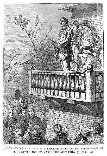 John Nixon giving the first public reading of the Declaration of Independence in the State House Yard, Philadelphia, Pennsylvania, on 8 July 1776. Wood engraving, 19th century