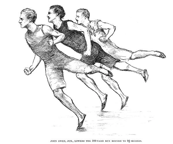 John Owen winning the 100 yard event at the Amateur Athletic Union (aU) games at Washington, D. C. on 11 October 1890. Drawing from a contemporary American newspaper