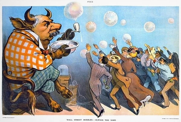JOHN PIERPONT MORGAN (1837-1913). Wall Street Bubbles - Always the Same : J. P. Morgan as a Wall Street bull blowing bubbles of inflated stocks for eager investors: American lithograph cartoon, 1901