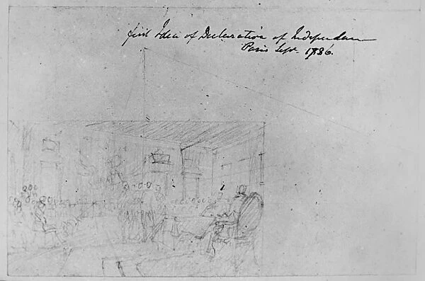 John Trumbulls pencil sketch, 1786, of his first idea for a painting of the Declaration of Independence