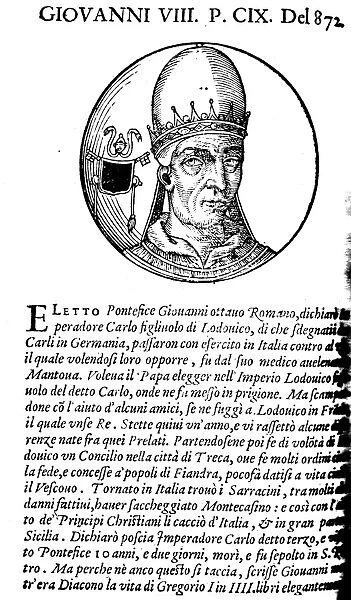 JOHN VIII (820-882). Pope, 872-882. Woodcut, Venetian, 1592