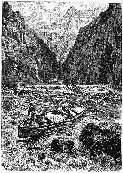 JOHN WESLEY POWELL (1834-1902). American geologist. Powells expedition running the rapids of the Colorado River in the Grand Canyon in August 1869. Wood engraving, late 19th century