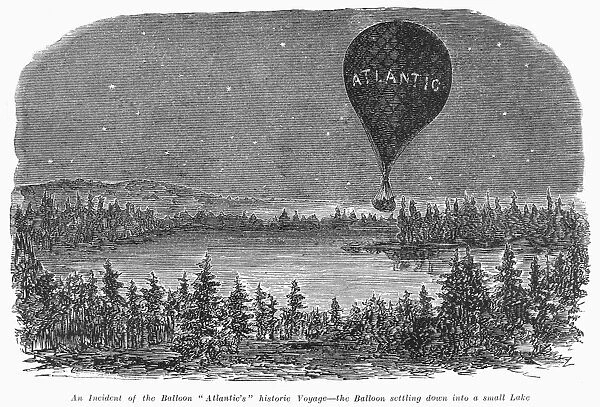 John Wises hot air balloon, the Atlantic, accidentally landing in a lake during an attempted transatlantic voyage from St. Loius in 1859. Contemporary American engraving