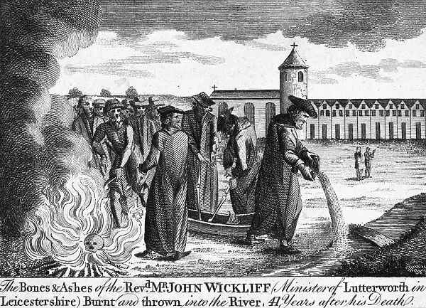 JOHN WYCLIFFE (1320?-1384). English religious reformer and theologian. The bones of Wycliffe taken up and burnt, and the ashes thrown into the River Swift, 1428. Copper engraving from an 18th century English edition of John Foxes Book of Martyrs