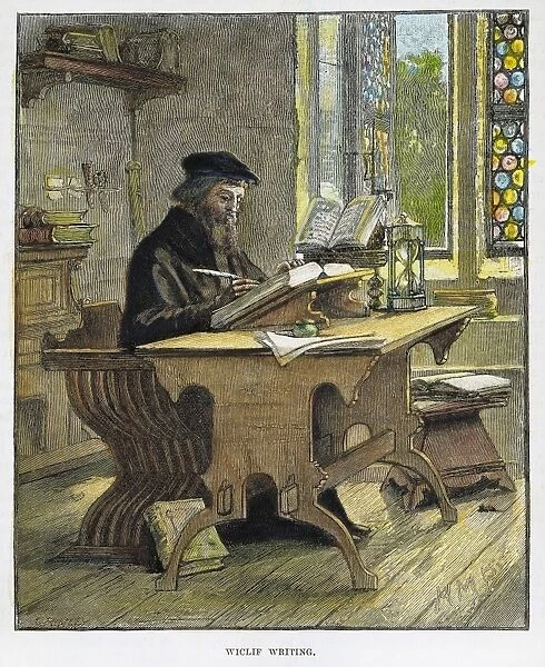 JOHN WYCLIFFE (1320?-1384). English religious reformer and theologian. Wycliffe writing. Wood engraving, American, 1885