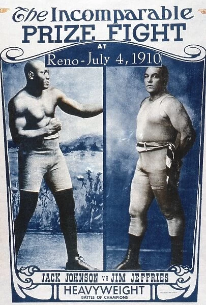 JOHNSON VS. JEFFRIES, 1910. American boxing poster promoting the championship fight between Jack Johnson and James J. Jeffries at Reno, Nevada, 4 July 1910, in which Johnson would successfully defend his title with a 15th-round knockout