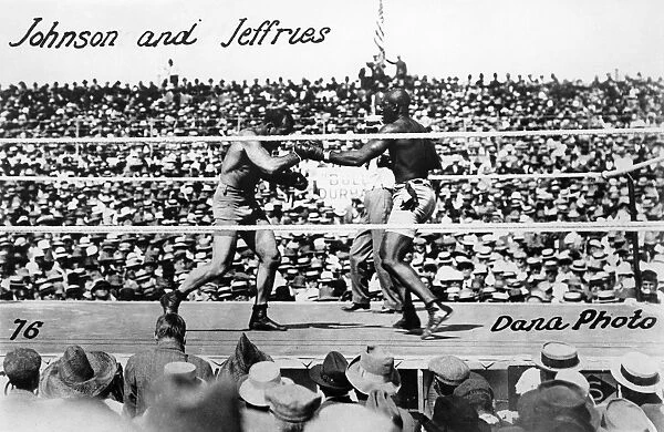 JOHNSON VS. JEFFRIES, 1910. American heavyweight pugilist Jack Johnson (right) fighting James J. Jeffries on 4 July 1910 in Reno, Nevada