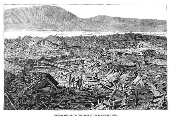 JOHNSTOWN FLOOD, 1889. General view of the wreckage on the Johnstown flats. Engraving