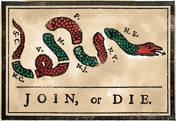 JOIN OR DIE CARTOON, 1754. First American political cartoon, originally published by Benjamin Franklin in his Pennsylvania Gazette, 1754