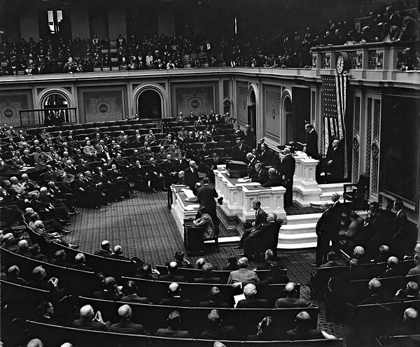 Joint session of Congress assembled in the chamber of the House of Representatives to count the electoral votes for the presidential election of 1928. Photographed 12 February 1929