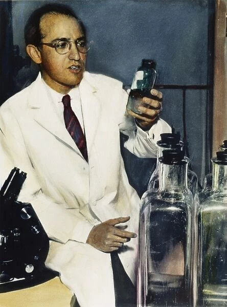 JONAS SALK (1914-1995). American medical scientist; developer of polio vaccine. Oil over a photograph, c1955