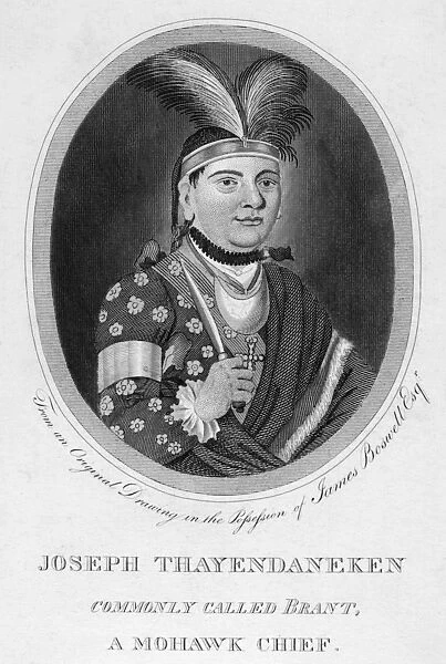 JOSEPH BRANT (1742-1807). Native American name: Thayendanegea. Mohawk Native American chief. Line and stipple engraving, 1848, after a contemporary drawing